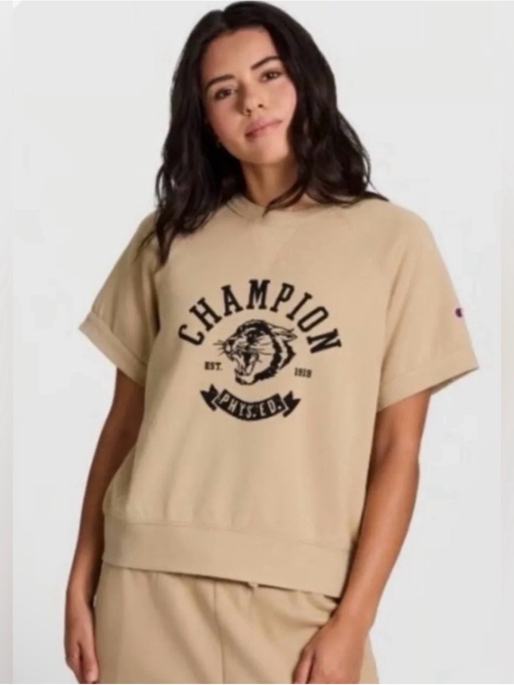 Champion Rec Center Cropped Raglan Short Sleeve Sweatshirt Irish Cream S NWT